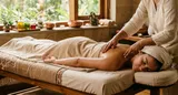 Mujer en meditación Ayurvédica con aceites medicinales - bienestar holístico